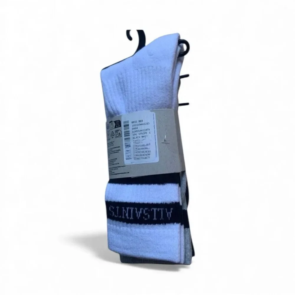 AllSaints Crew Socks 3 Pack Black & White Logo Stripe Cotton Socks Men’s 7–13